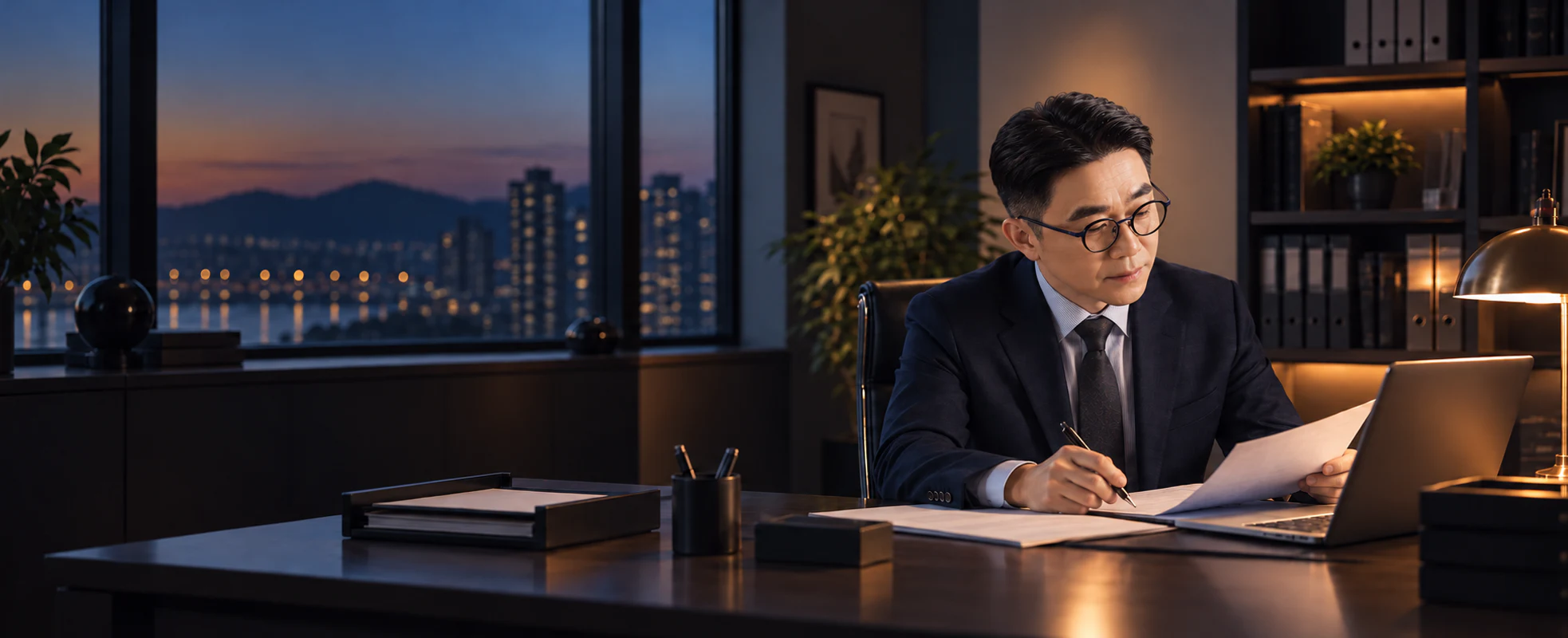 대표 세무사가 책상에서 세무 업무에 집중하는 모습